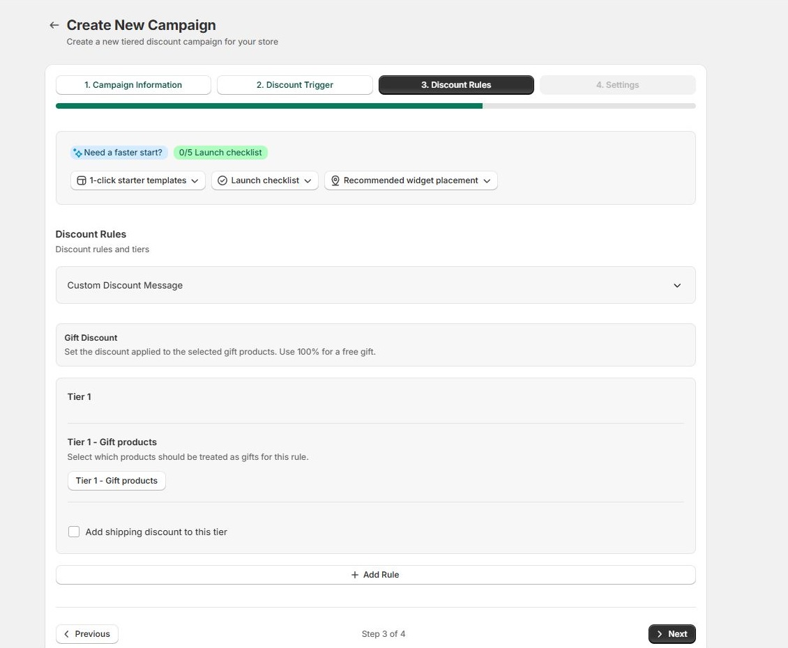 MultiTier Discounts campaign builder showing the discount rules step
